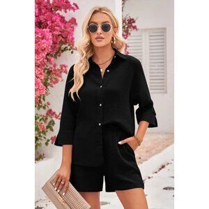 Double Take Textured Shirt and Elastic Waist Shorts Set